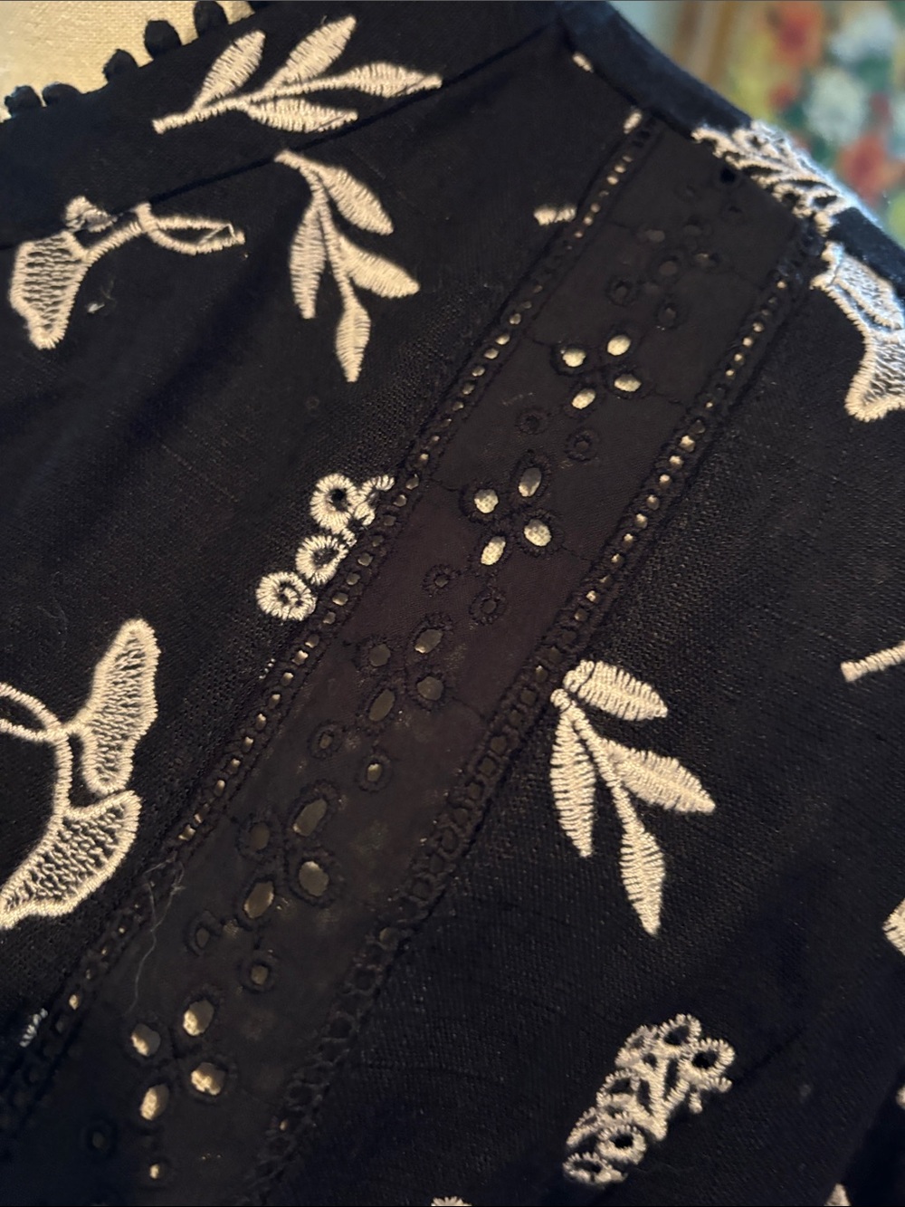 Festival Y2K Black Embroidered Button-Down Top with White Floral Motif - Picture 2 of 5